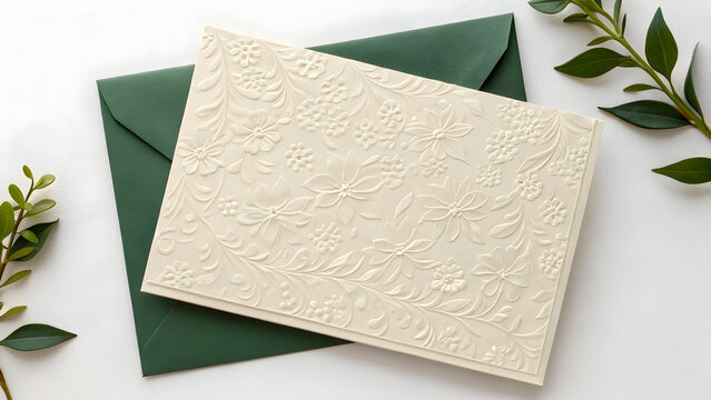 Luxury cream embossed wedding invitation with envelope green
