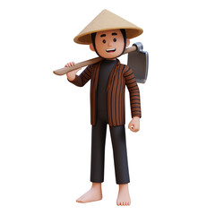 3D indonesia javanese farmer standing confident with a hoe on shoulder