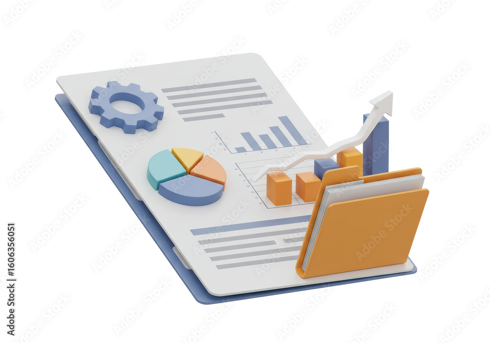Poster isolated business report with pie chart and rising graph