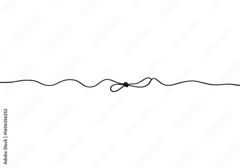 Poster a thin black string tied in a knot, forming a loop and lying flat on a transparent background