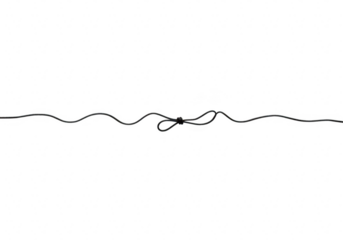 A thin black string tied in a knot, forming a loop and lying flat on a transparent background