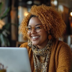 Happy plus-size woman working remotely during a virtual team meeting, emphasizing the benefits of flexible work culture and inclusivity in the workplace, Generative AI