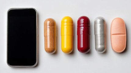 Top view of smartphone and various pharmaceutical drugs on white background. 