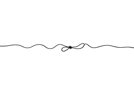 A thin black string tied in a knot, forming a loop and lying flat on a transparent background