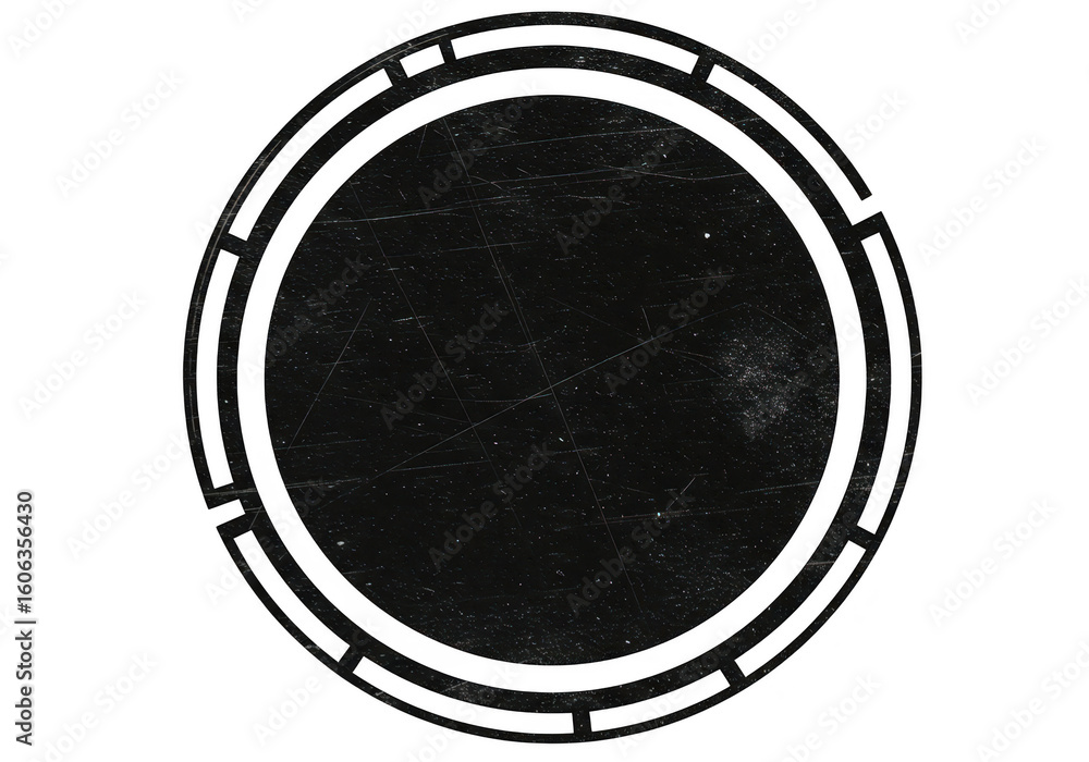 Poster a black circular frame with a grunge texture and geometric elements, isolated on a transparent backg