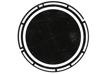 A black circular frame with a grunge texture and geometric elements, isolated on a transparent background