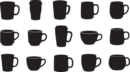 A diverse collection of black silhouettes featuring various styles of coffee mugs, tea cups, and travel mugs. A set of isolated vector drinkware icons.