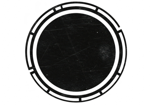A black circular frame with a grunge texture and geometric elements, isolated on a transparent background