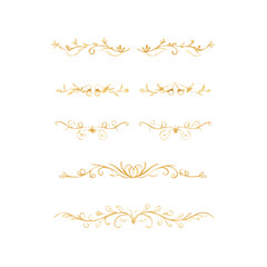 Collection of hand drawn golden text dividers. Calligraphic lines, vintage gold borders and wedding card breaks. Vector isolated flourish ink elements.
