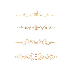 Obraz premium Collection of hand drawn golden text dividers. Calligraphic lines, vintage gold borders and wedding card breaks. Vector isolated flourish ink elements. 
