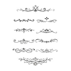 Collection of hand drawn golden text dividers. Calligraphic lines, vintage gold borders and wedding card breaks. Vector isolated flourish ink elements.
