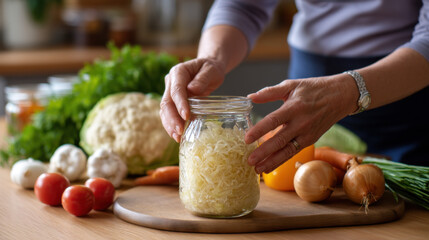Traditional homemade sauerkraut preparation with fresh vegetables in a cozy kitchen. 
