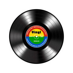 Long play vinyl record with colorful paper label isolated on a white background.	