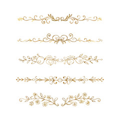 Obraz premium Collection of hand drawn golden text dividers. Calligraphic lines, vintage gold borders and wedding card breaks. Vector isolated flourish ink elements. 