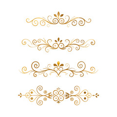 Collection of hand drawn golden text dividers. Calligraphic lines, vintage gold borders and wedding card breaks. Vector isolated flourish ink elements.
