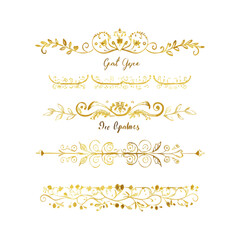 Collection of hand drawn golden text dividers. Calligraphic lines, vintage gold borders and wedding card breaks. Vector isolated flourish ink elements.
