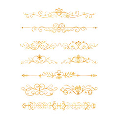 Collection of hand drawn golden text dividers. Calligraphic lines, vintage gold borders and wedding card breaks. Vector isolated flourish ink elements.

