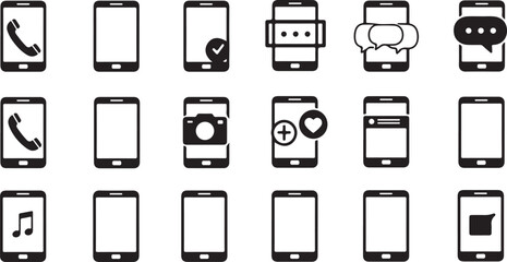 A comprehensive set of monochrome smartphone icons. This collection illustrates various mobile functions like calls, messaging, social media, and multimedia.