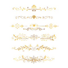 Collection of hand drawn golden text dividers. Calligraphic lines, vintage gold borders and wedding card breaks. Vector isolated flourish ink elements.
