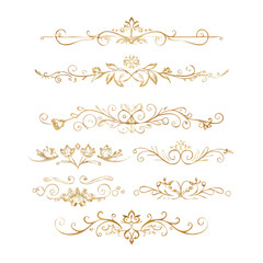 Fototapeta premium Collection of hand drawn golden text dividers. Calligraphic lines, vintage gold borders and wedding card breaks. Vector isolated flourish ink elements. 