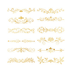 Fototapeta premium Collection of hand drawn golden text dividers. Calligraphic lines, vintage gold borders and wedding card breaks. Vector isolated flourish ink elements. 