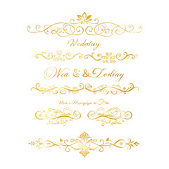 Collection of hand drawn golden text dividers. Calligraphic lines, vintage gold borders and wedding card breaks. Vector isolated flourish ink elements.
