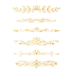 Collection of hand drawn golden text dividers. Calligraphic lines, vintage gold borders and wedding card breaks. Vector isolated flourish ink elements.
