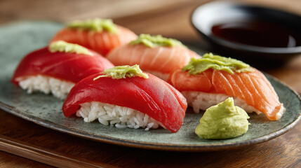 Traditional nigiri sushi with a dollop of fresh wasabi. 