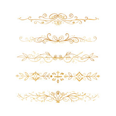 Collection of hand drawn golden text dividers. Calligraphic lines, vintage gold borders and wedding card breaks. Vector isolated flourish ink elements.
