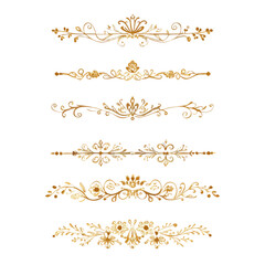Collection of hand drawn golden text dividers. Calligraphic lines, vintage gold borders and wedding card breaks. Vector isolated flourish ink elements.
