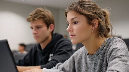 Two students in a classroom at university, one using a laptop, captured from a low angle. 