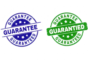 Two circular stamps, one blue and one green, both with the word guaranteed, representing assurance and quality isolated on transparent background