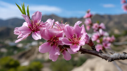 Vibrant pink almond flowers in bloom, with scenic mountain views 