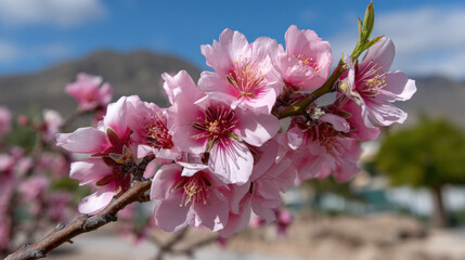 Vibrant pink almond flowers in bloom, with scenic mountain views 