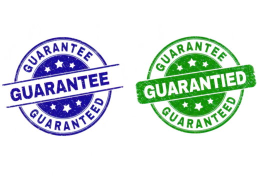 Two circular stamps, one blue and one green, both with the word guaranteed, representing assurance and quality isolated on transparent background