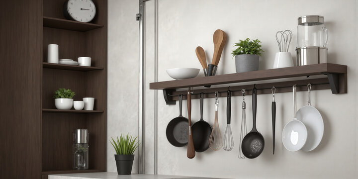 A chic wall-mounted kitchen rail system in mocha mousse metal finish, holding cooking ladles, whisks, strainers, and small hanging plant