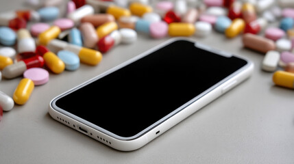 White screen phone lying on a table full of different medications. 
