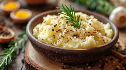 Mashed potatoes, brown bowl, rosemary garnish, spices. Warm lighting, textured wood background