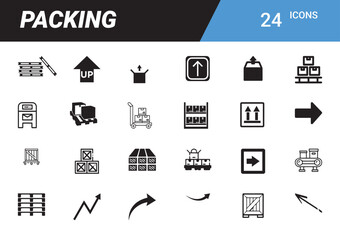 Packing Icons: A comprehensive collection of 24 minimalist icons representing various aspects of packing and logistics, essential for any shipping or storage-related design.