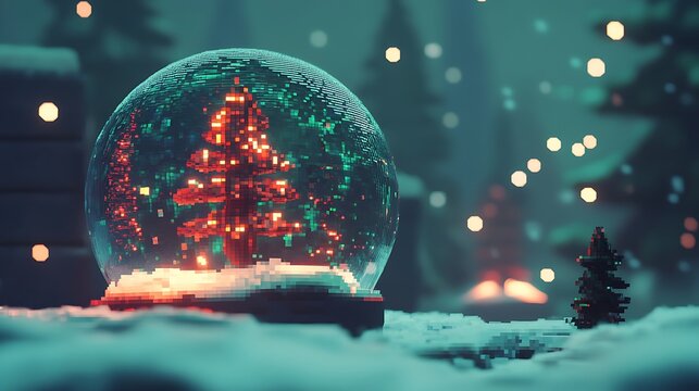 Stylized snow globe with glowing pine on pixelated snow