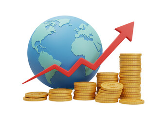 Isolated Global Economic Growth Chart with Rising Arrow and Gold Coins