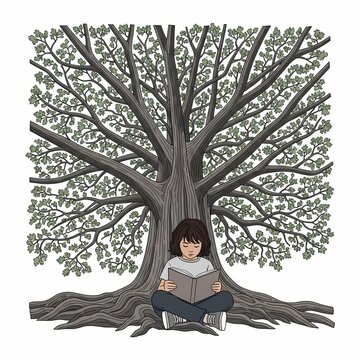 Young reader finding tranquility and knowledge under a majestic tree