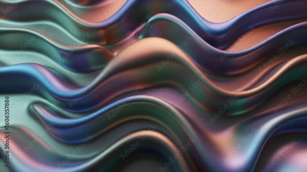 Poster a vibrant abstract background features smooth, flowing iridescent waves with a mesmerizing metallic 