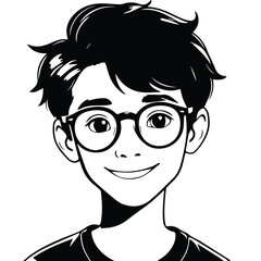 Smiling boy in glasses with dark hair, wearing a dark top. Friendly portrait of a student against a plain background. Child student in casual attire in a school setting -