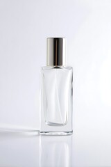 Clear glass perfume bottle with silver cap on white background spray