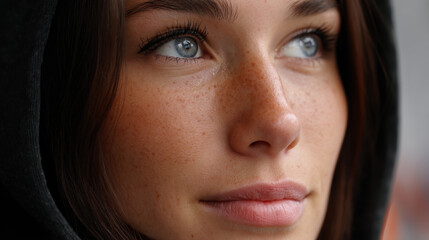 Woman with a contemplative look, captured in a close-up portrait. 