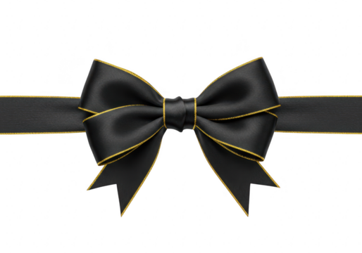 A luxurious black satin bow with gold trim is centered on a black ribbon against a transparent background