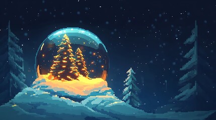 Stylized snow globe with glowing pine on pixelated snow