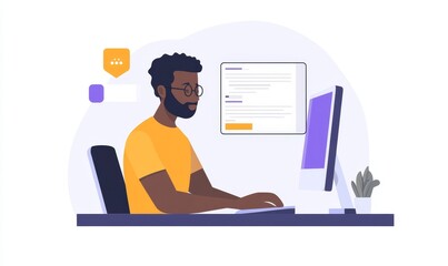 Young black man working remotely on desktop computer, using Chat GPT AI automation software for study and work-related tasks, Generative AI