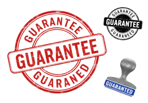 A collection of guarantee stamps and a rubber stamper with the word guaranteed on a transparent background